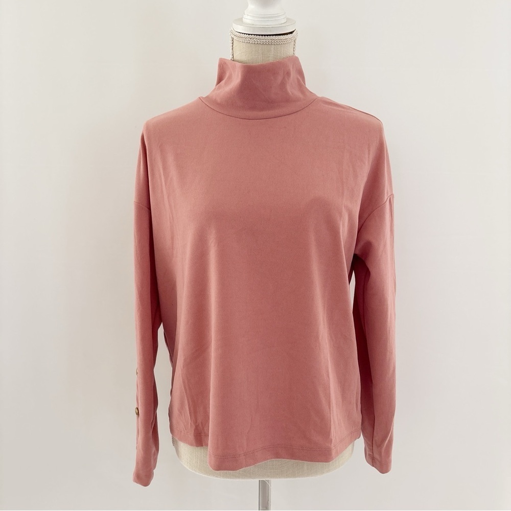 HYFVE‎ Turtleneck Top Size S Dusty Rose Gold Button Sleeve Ribbed Mock Neck